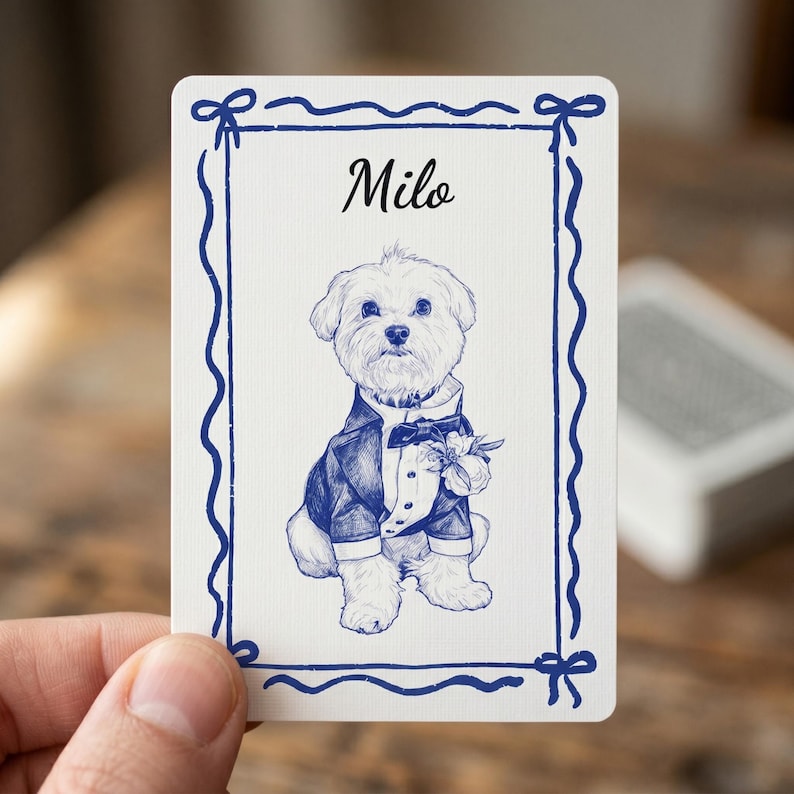 May include: A white playing card featuring a blue ink sketch of a small dog wearing a tuxedo with a bow tie and a flower boutonniere. The name Milo is printed in black script above the dog, all enclosed within a blue decorative ribbon border.