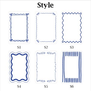 May include: A chart titled Style displaying six rectangular frame designs in blue ink. S1 features a simple line with bows, S2 has wavy lines with bows, S3 is a scalloped border, S4 is a thick wavy border, S5 has leaf accents, and S6 has vertical stripes.