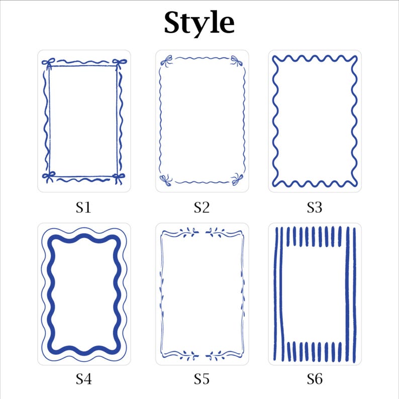 May include: A chart titled Style displaying six rectangular frame designs in blue ink. S1 features a simple line with bows, S2 has wavy lines with bows, S3 is a scalloped border, S4 is a thick wavy border, S5 has leaf accents, and S6 has vertical stripes.
