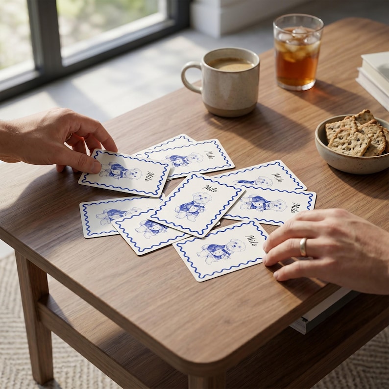 May include: A set of rectangular playing cards with scalloped blue edges, each featuring a blue ink illustration of a teddy bear wearing a vest and the name Milo written in cursive script. The cards are scattered across a wooden surface.