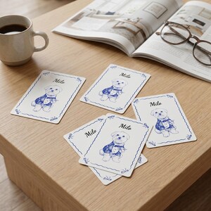 May include: A set of rectangular white cards featuring a blue ink illustration of a small dog wearing a tuxedo and bow tie. Each card displays the name Milo in cursive script above the dog and is framed by a decorative blue border with bows.
