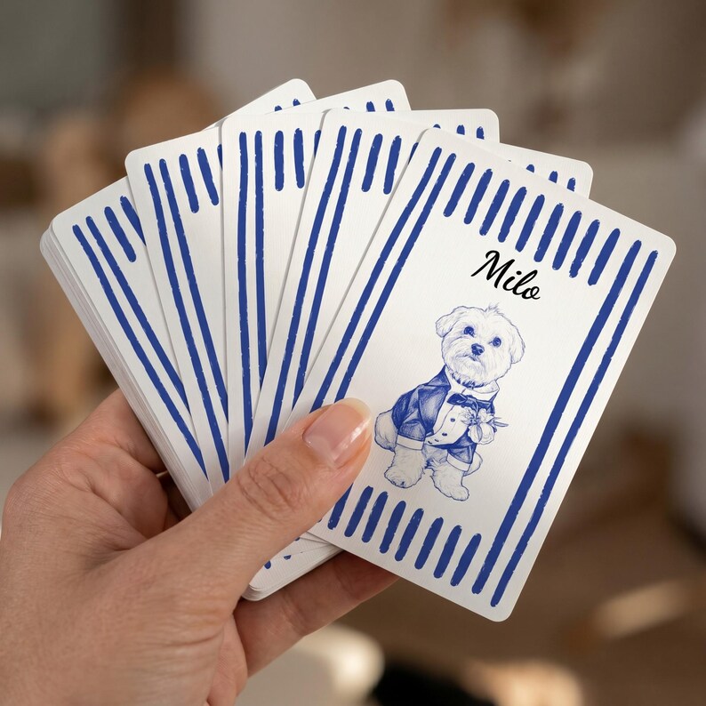 May include: A deck of rectangular playing cards with a white background and blue vertical stripes along the top and bottom edges. The front card features a blue ink illustration of a small dog wearing a tuxedo and the name Milo printed in black.