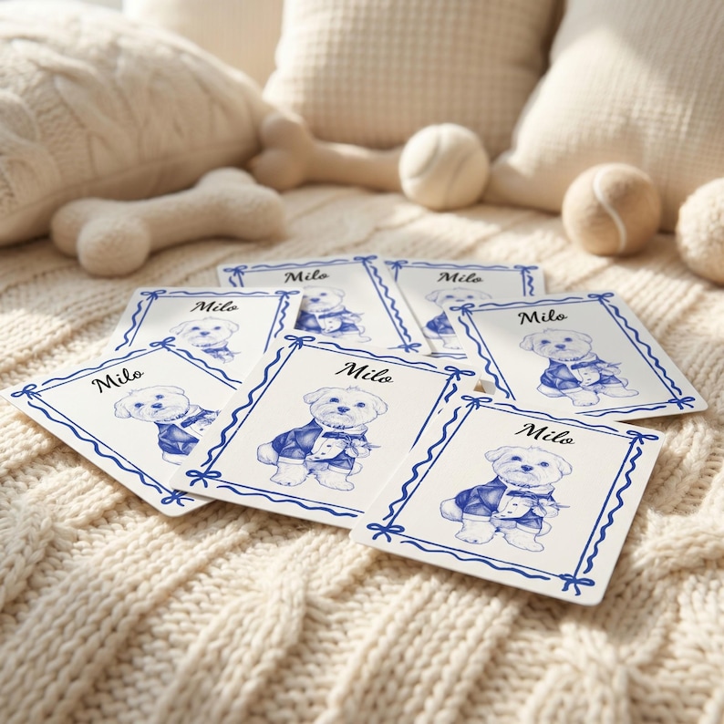 May include: A collection of rectangular white cards featuring a blue ink illustration of a small dog wearing a tuxedo. Each card is bordered by a blue ribbon-style frame and displays the name Milo in cursive script above the dog illustration.
