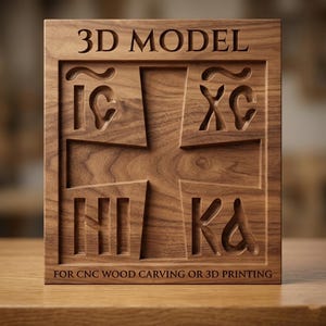 May include: A square wooden plaque with carved religious symbols and the text "3D MODEL" at the top. The bottom of the plaque reads "FOR CNC WOOD CARVING OR 3D PRINTING". The wood has a natural grain.