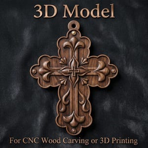 May include: A detailed, brown wooden cross with ornate floral carvings and a small loop at the top. The text "3D Model" is above the cross, and "For CNC Wood Carving or 3D Printing" is below.