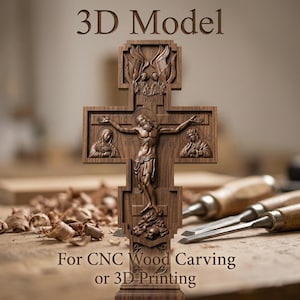 Puede incluir: Una cruz de madera detallada con una representación tallada de Jesucristo, flanqueada por figuras y texto. Se muestran las palabras "3D Model" y "For CNC Wood Carving or 3D Printing". La cruz es marrón y se encuentra sobre una superficie de madera.