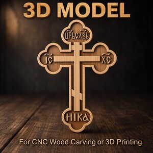 Puede incluir: Una cruz ortodoxa de madera con texto cirílico, etiquetada como "3D MODEL". La cruz tiene un diseño detallado con elementos decorativos y el texto "HIKA" en la parte inferior. La imagen incluye el texto "For CNC Wood Carving or 3D Printing".