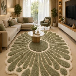 Sage Green Daisy Rug, Flower Shape Area Rug, Botanical Floral Carpet, Decor, Organic Scalloped Floor Rug