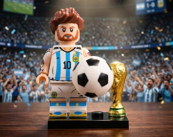 Lionel Messi Argentina Minifigure with World Cup Trophy, Number 10 Building Block, 2022 Champion Fan Gift, Soccer GOAT Desk Decor