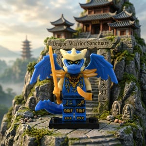 May include: A Lego minifigure of a dragon warrior, featuring blue and gold armor, wings, and a sword. The figure stands on a stone path with a backdrop of a temple and the text "Dragon Warrior Sanctuary".