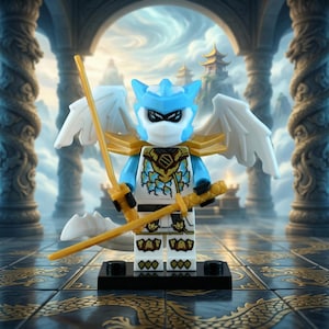 May include: A Lego minifigure of a winged warrior, featuring a blue helmet and armor, white wings, and gold accents. The figure holds two gold swords and stands on a black base. The background shows an ornate temple.