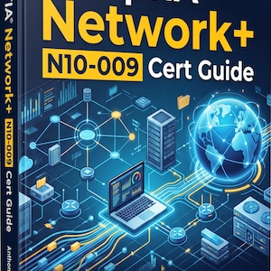 May include: A CompTIA Network+ N10-009 Cert Guide book with a dark blue cover featuring a digital network illustration, a laptop, and a globe. The text reads: Prepare for the N10-009 exam with the leading certification guide, Full Colour Edition.