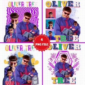 May include: A digital graphic design set featuring four distinct layouts of the musician Oliver Tree. Each layout displays the artist wearing a color-blocked blue, pink, and yellow jacket and red sunglasses, with the text OLIVER TREE in bold letters.