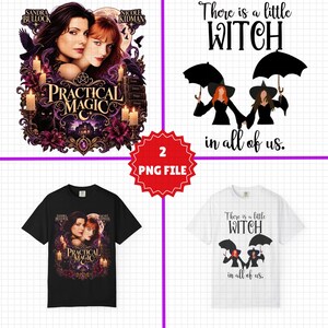 以下が含まれることがあります： サンドラ・ブロックとニコール・キッドマンが描かれた「Practical Magic」のタイトルとキャンドルやカラスのグラフィック、および傘を持った2人の魔女と「There is a little WITCH in all of us.」というテキストが描かれた2つのデジタルデザインセット。