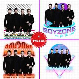 May include: Four digital graphic designs featuring the boy band Boyzone in black suits. Each design includes the text Boyzone and One For The Road in various neon-style fonts, colorful geometric shapes, and retro-inspired graphic elements.