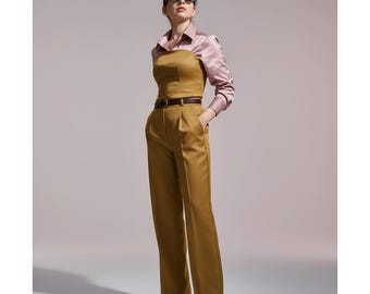Premium Olive Wool 2-Piece Suit with Corset and Trousers for Petite Women under 164cm