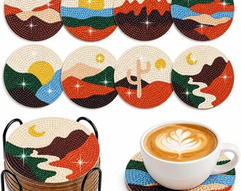 Diamond Painting Coasters Kit Set 8 Pcs 5D DIY Art Craft Coasters with Holder Wooden Cork Base for Adults Beginners