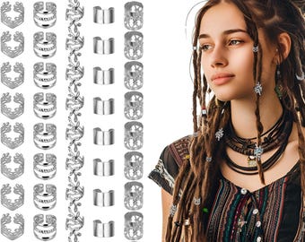 Conjunto de 50 peças de acessórios para cabelo prateados, incluindo presilhas e anéis ajustáveis para tranças.
