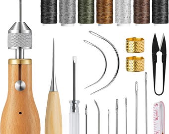 Kit de costura em couro com 21 peças, incluindo furador, agulhas, linha, dedal, fita métrica e ferramentas para reparos em couro.