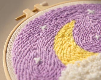 Handmade Moon Punch Needle Embroidery Kit, DIY Rug Hooking Starter Kit, Beginner Embroidery Craft Set with Yarn Fabric & Needle Tool