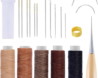Kit de reparo de couro com 21 peças, incluindo linha encerada, agulhas e ferramentas para estofamento.