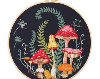 Handmade Mushroom Flower Embroidery Kit, Stamped Embroidery Starter Set, DIY Needlework Kit with Pattern, Floral Wall Decor Craft
