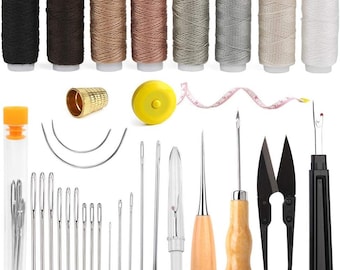 Kit de costura resistente com furador, agulhas, linha, desmanchador de costura e ferramentas para reparo de couro.