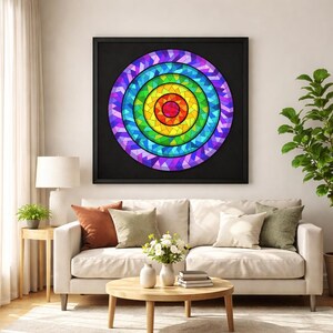May include: A framed, colorful geometric art piece with a circular design. The artwork features concentric circles in a rainbow of colors, including red, orange, yellow, green, blue, and purple. The frame is black, and the artwork is displayed above a white sofa.