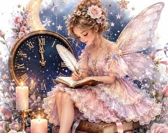 Sylwestrowa grafika sylwestrowa, fantazyjna noworoczna wróżka do druku, magiczna północna sztuka cyfrowa, dziennik świątecznych śmieci, scrapbooking, efemerydy