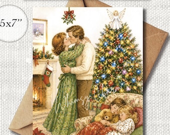 Carte de Noël imprimable 5 x 7, carte de Noël baiser gui, téléchargement immédiat carte de vœux, style vintage, carte de voeux de réveillon de Noël nostalgique