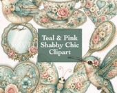 Teal and Pink Shabby Chic Clipart, Vintage Romantic Floral Elements, CottageCore Clipart, Feminine Junk Journal Art, PNG Images