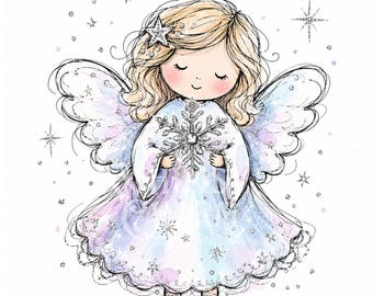 May include: A digital illustration of a blonde angel with a halo, wearing a light blue and purple dress with snowflake patterns, holding a large silver snowflake. The angel has wings and is surrounded by small sparkling stars on a white background.