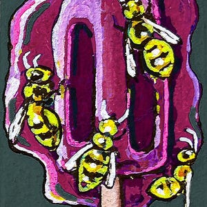 May include: A colorful painting of a popsicle with yellow and black bees. The popsicle is a deep purple color with a wooden stick. The bees are detailed with yellow and black stripes and white wings. The background is a dark green.