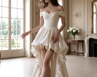 Luxury High Low Wedding Dress | Off Shoulder Satin Bridal Gown | Ruched Sweetheart Corset