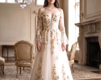Boho Floral Wedding Dress | Off Shoulder Bridal Gown | 3D Flower A-Line | Long Sleeve Bride