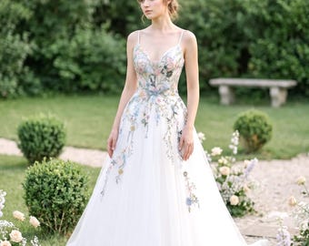 Wildflower Embroidery Wedding Dress | Boho Floral Bridal Gown, Romantic Church Bride