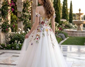Luxury Floral Wedding Dress – Off Shoulder Bridal Gown with 3D Flowers, Colorful Ball Gown