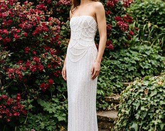Pearl Beaded Wedding Dress | Custom Corset Bridal Gown | Elopement Civil Sweep Train