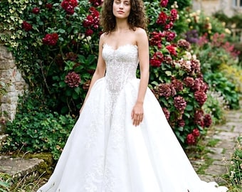 Vintage Lace Corset Ball Gown Wedding Dress, Sweetheart Strapless Bridal Gown, Garden Bride