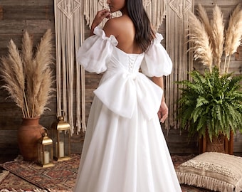Boho Wedding Dress with Puff Sleeves and Bow, Off Shoulder Bridal Gown, Organza A-Line.