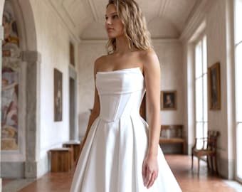 Minimalist Satin Wedding Dress | Strapless Corset Bridal Gown | Simple Elegant Custom Fit
