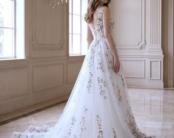 Luxury Floral Wedding Dress | Boho A-Line Bridal Gown | 3D Wildflower Embroidery | Deep V Custom Made