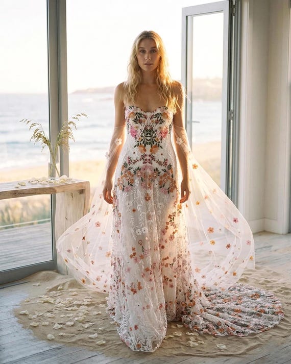 boho wedding dress with corset Floral Corset Wedding Dress with Bow Accents