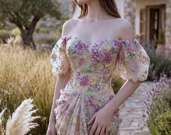 Robe de mariée bohème fleurie | Robe de mariée sirène champagne à paillettes | Mariée Cottagecore à manches bouffantes