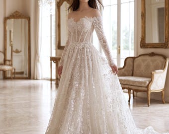 Luxury Lace Corset Wedding Dress | Off Shoulder Long Sleeve Bridal Gown | Floral A-Line