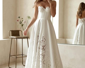 Luxury Lace Corset Wedding Dress | Floral Appliqué Satin Bridal Gown | Custom Fit