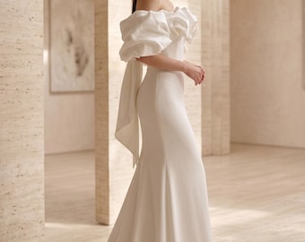 Luxury Puff Sleeve Wedding Dress | Off Shoulder Mermaid Bridal Gown | Custom Made Elopement Crepe
