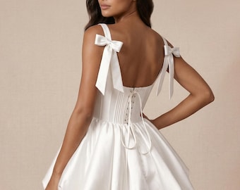 Corset Bubble Skirt Bridal Gown, Backless Satin Elopement, Civil Courthouse Reception, Custom Sizes