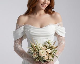 Off Shoulder Corset Wedding Gown | Lace Sleeve Bridal Dress Slit Train