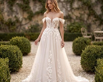 Off Shoulder Lace Wedding Dress | Corset Floral Bridal Gown | Boho Bride Custom Size